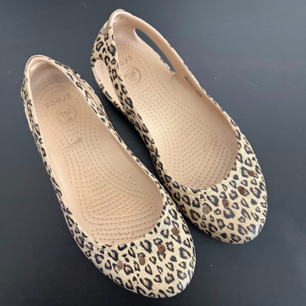 Crocs Kadee Ballet Women's 6 Tan Leopard Print Slip-On‎ Breathable Comfort Flats